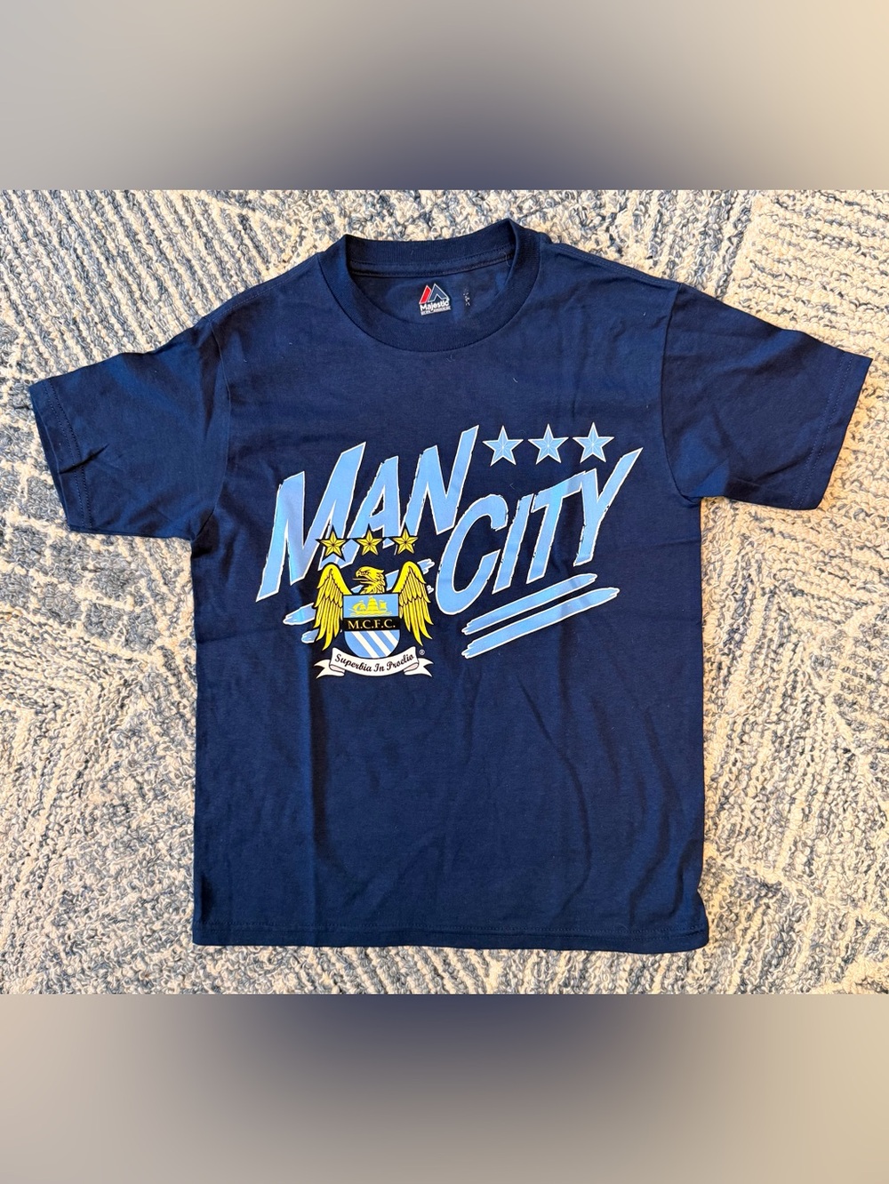 MAJESTIC Navy Cotton Man City Football Club Youth Tee Shirt Small